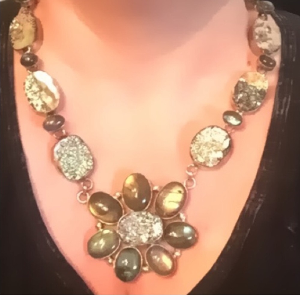 Vintage Labradorite boho rustic abalone necklace